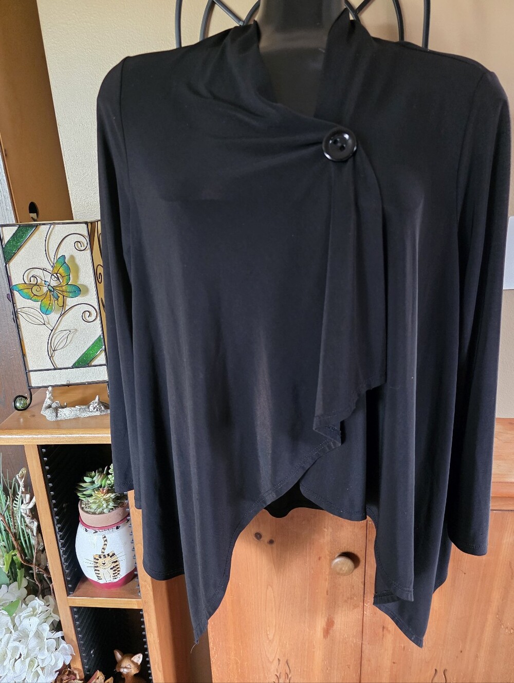 Vintage 90s Y2K Black Draped Button-Accent Stretchy Lightweight Cardigan